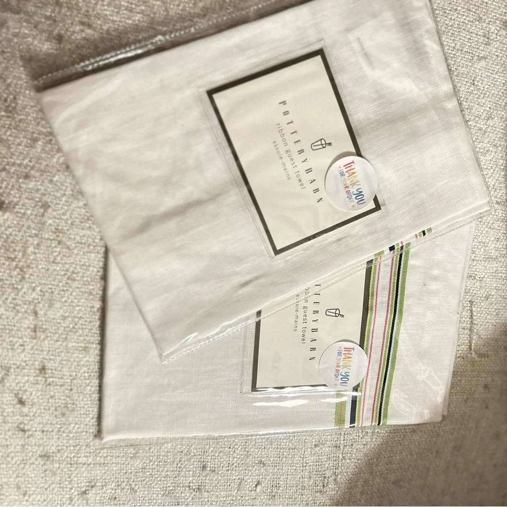 Pottery Barn White Linen Ribbon Guest Towel Set of Two NWT
